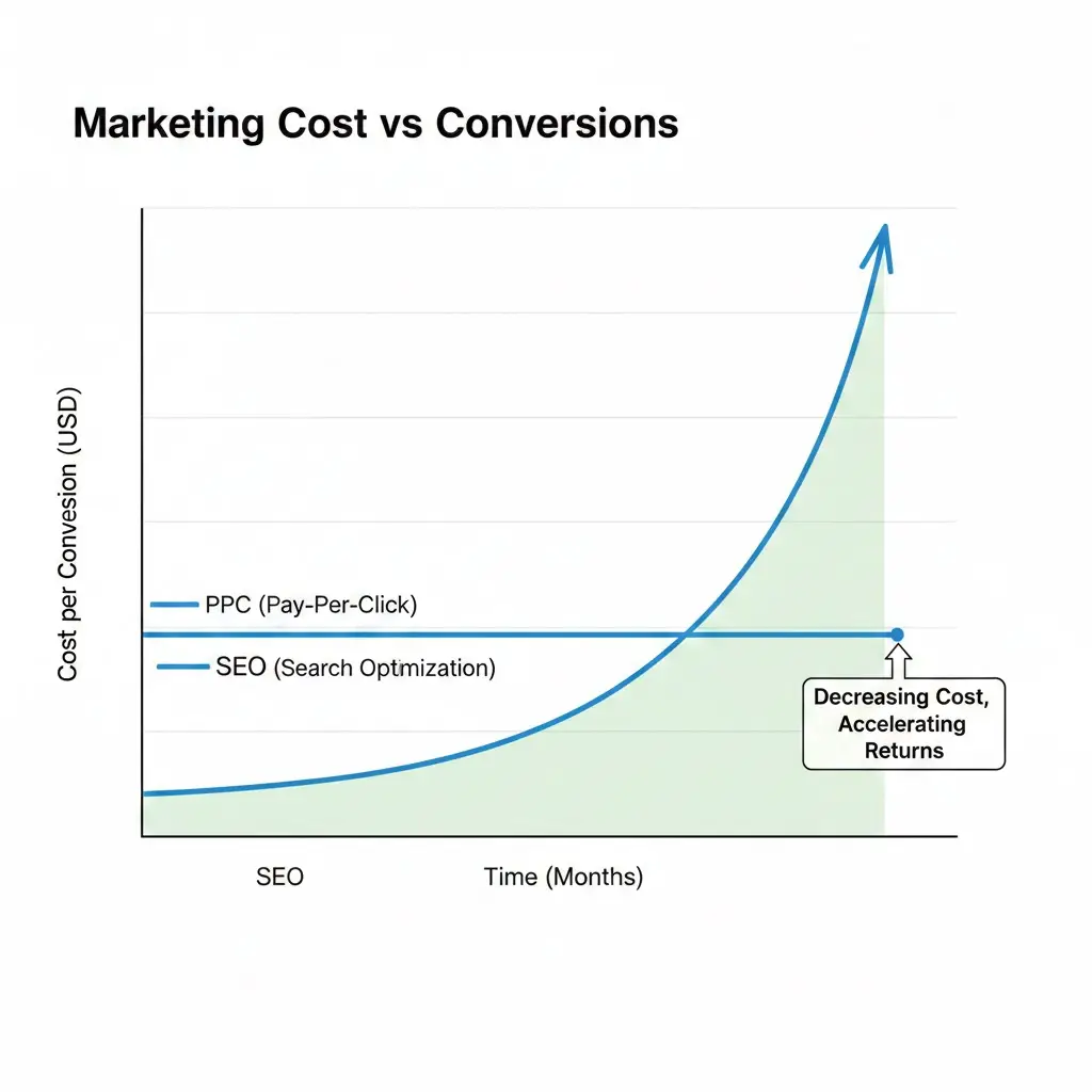 مقارنة بين النمو الخطي لإعلانات PPC والنمو الأسي لـ سيو التجارة الإلكترونية.