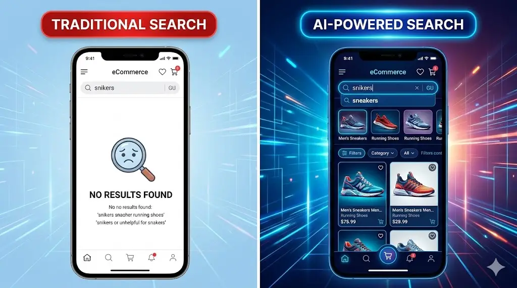 مقارنة بين البحث التقليدي والبحث الدلالي في المتاجر الإلكترونية.