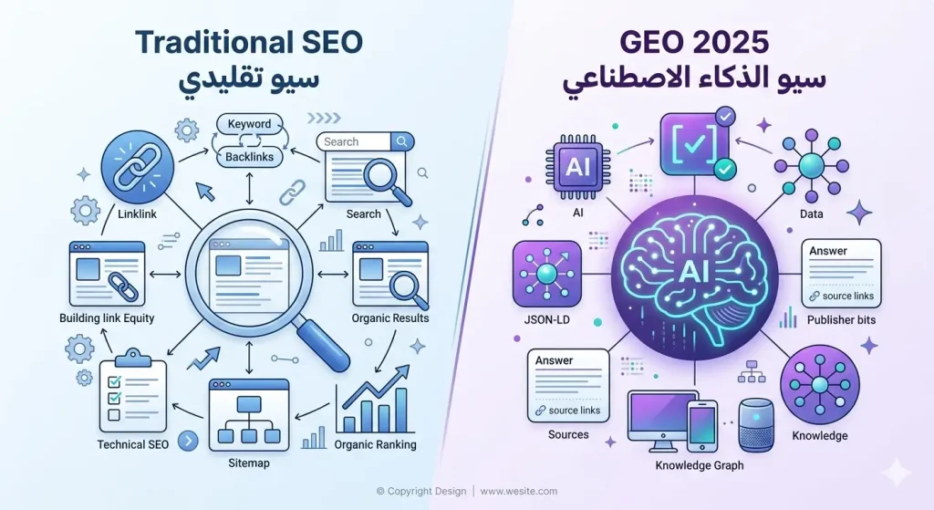 مقارنة بين السيو التقليدي وتحسين محركات الذكاء الاصطناعي GEO.