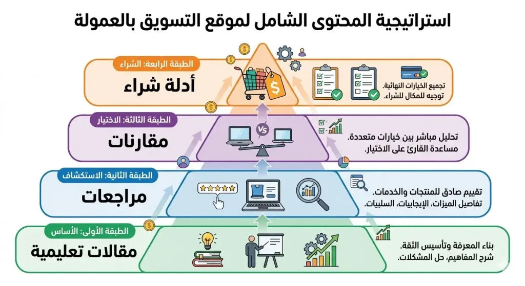 مخطط هيكلي يوضح استراتيجية محتوى لموقع أفلييت تتضمن مقالات تعليمية، مراجعات منتجات، مقالات مقارنات، وأدلة شراء.