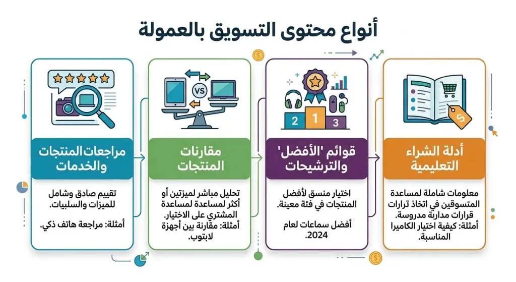 إنفوجرافيك تعليمي يوضح أنواع محتوى التسويق بالعمولة: مراجعات المنتجات، مقالات المقارنات، قوائم أفضل المنتجات، وأدلة الشراء.