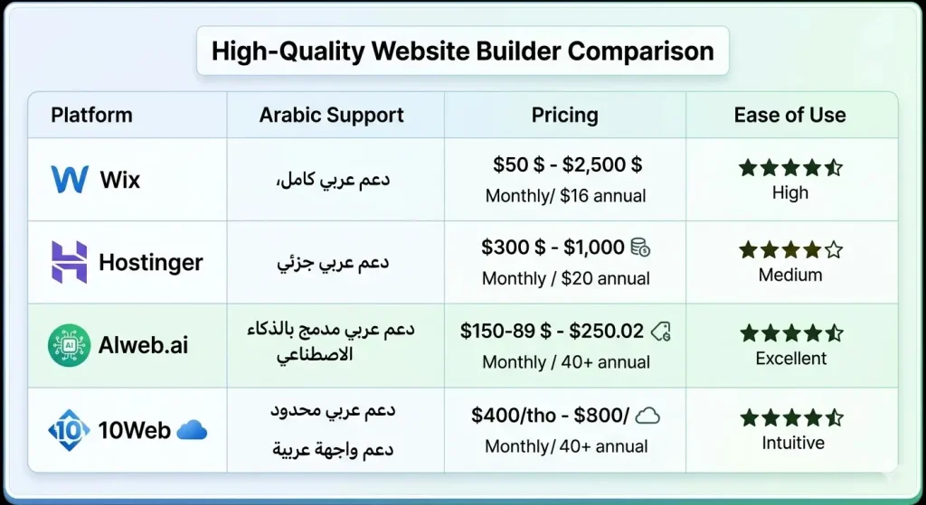 جدول مقارنة بين Wix وHostinger وAlweb.ai و10Web.
