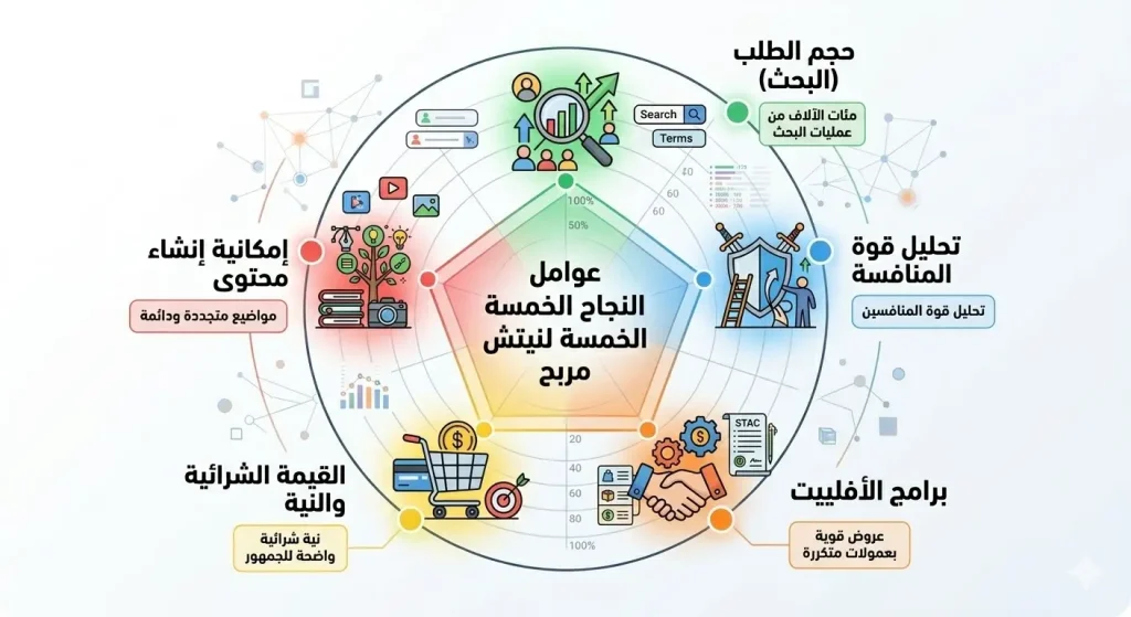 رسم بياني دائري يوضح العوامل الخمسة الرئيسية لاختيار نيتش مربح: حجم الطلب، المنافسة، برامج الأفلييت، القيمة الشرائية، وإمكانية المحتوى.