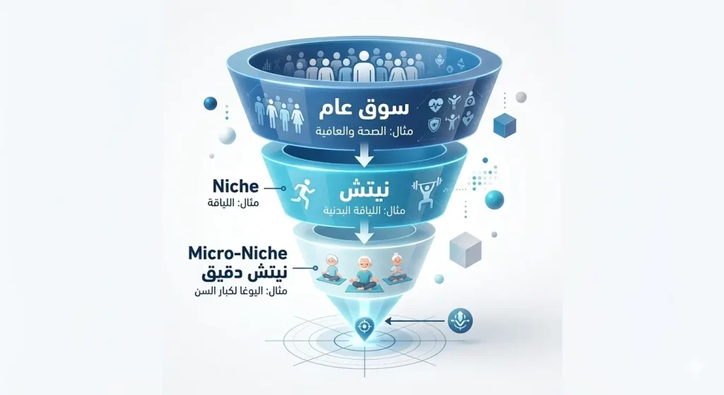 مخطط يوضح كيف يتفرع السوق العام (مثل الصحة) إلى نيتشات متخصصة (مثل اللياقة البدنية، التغذية، الصحة النفسية)، ثم إلى نيتشات فرعية أدق (مثل اللياقة المنزلية لكبار السن).
