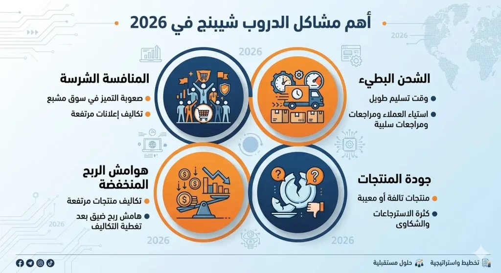 التحديات الشائعة في نموذج الدروب شيبنج تشمل المنافسة، الشحن، الجودة، وتكاليف الإعلانات المرتفعة.