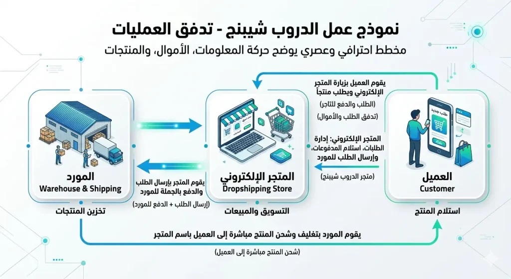 شرح نموذج الدروب شيبنج يوضح تدفق الطلبات والأموال بين المورد والمتجر والعميل في بيئة رقمية متكاملة.