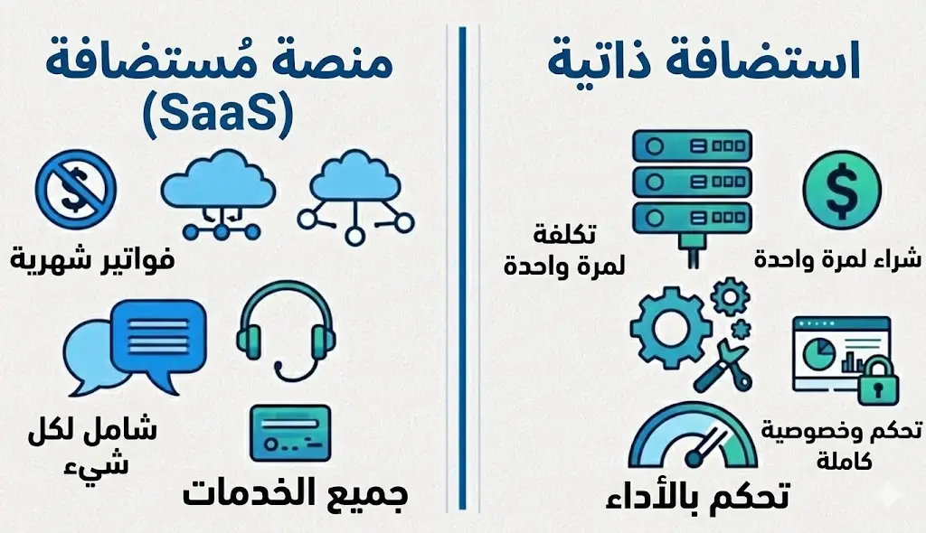مخطط توضيحي للفرق بين منصات إنشاء المواقع المستضافة والمستضافة ذاتيًا