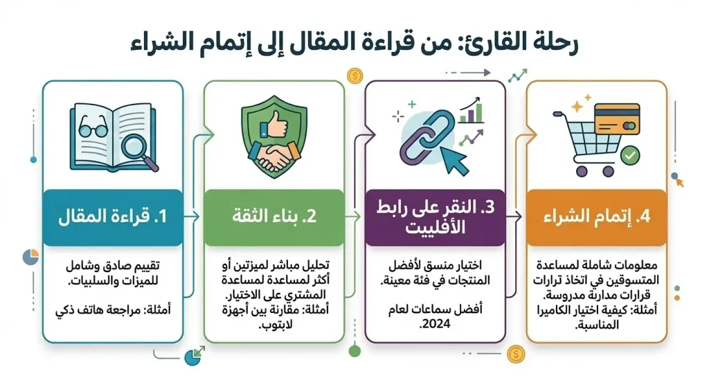 مخطط يوضح رحلة القارئ من قراءة المحتوى إلى بناء الثقة، ثم النقر على رابط الأفلييت، وأخيرًا إتمام عملية الشراء.